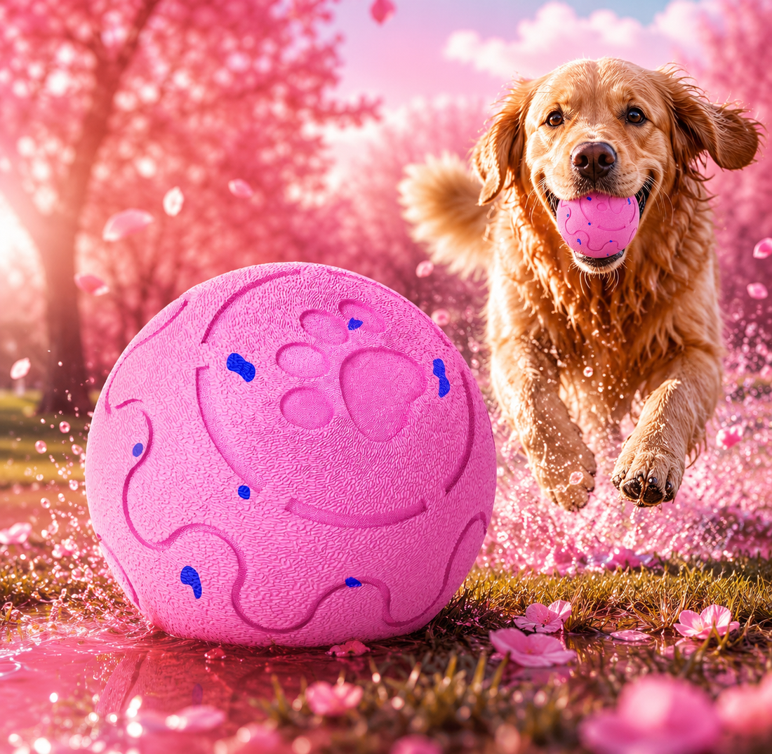 Dog playing with a Hot Pink FetchSphere Pro ball outdoors