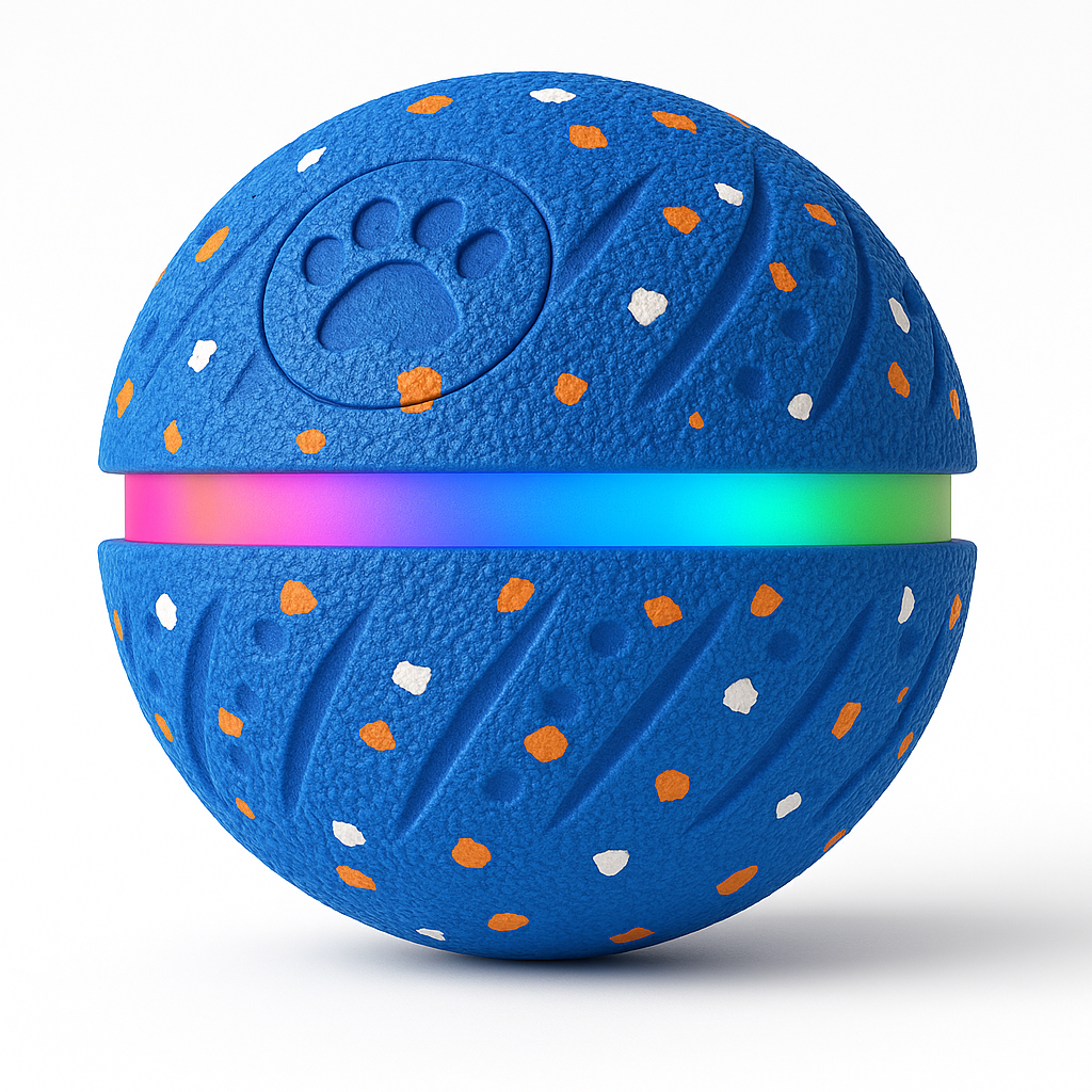 Royal Blue FetchSphere Mini smart dog ball with a rainbow LED rim