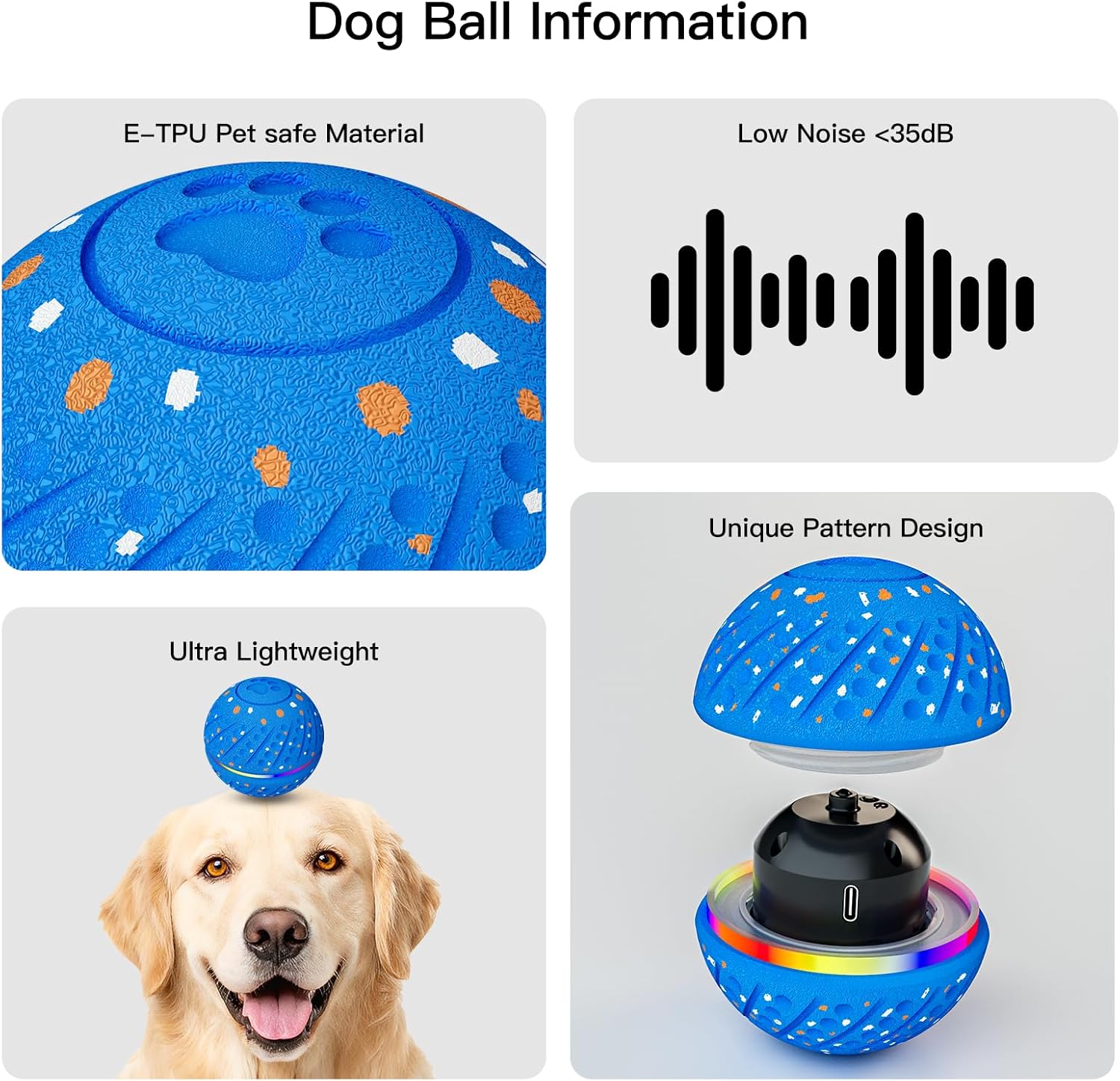 Royal Blue Mini — dog ball info: E-TPU pet-safe, low noise, ultra lightweight