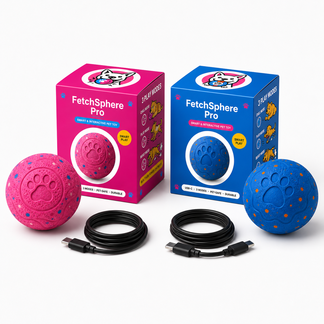 FetchSphere Pro 2-Pack: Royal Blue and Hot Pink Pro smart dog balls with boxes