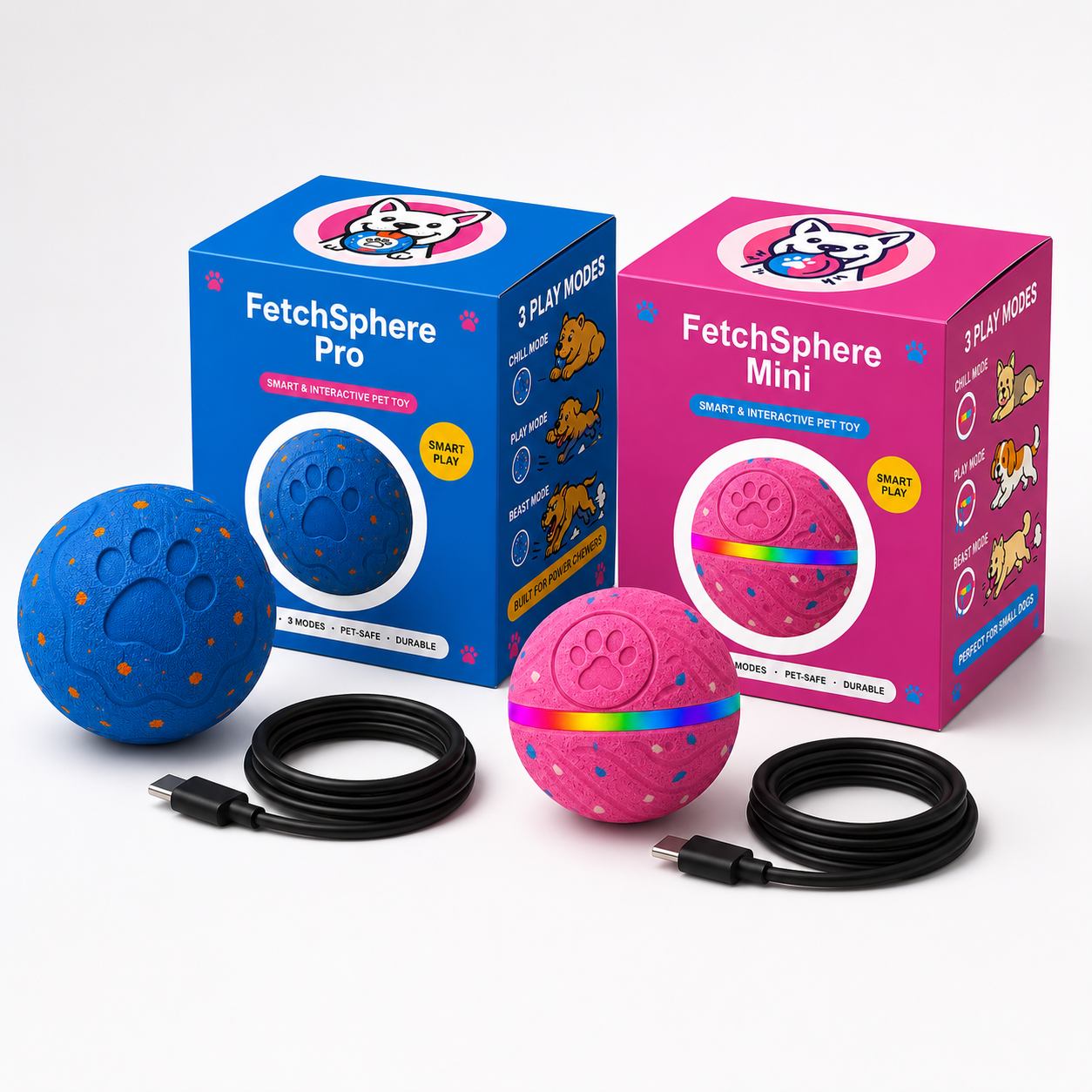 FetchSphere Pro + Mini Combo: Blue Pro and Pink Mini with boxes